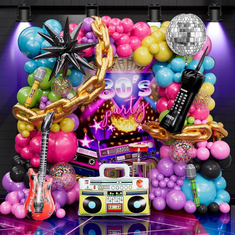 155Pcs 80S to 90S Disco Balloon Decoration Arrangement Disco Radio Guitar Balloon