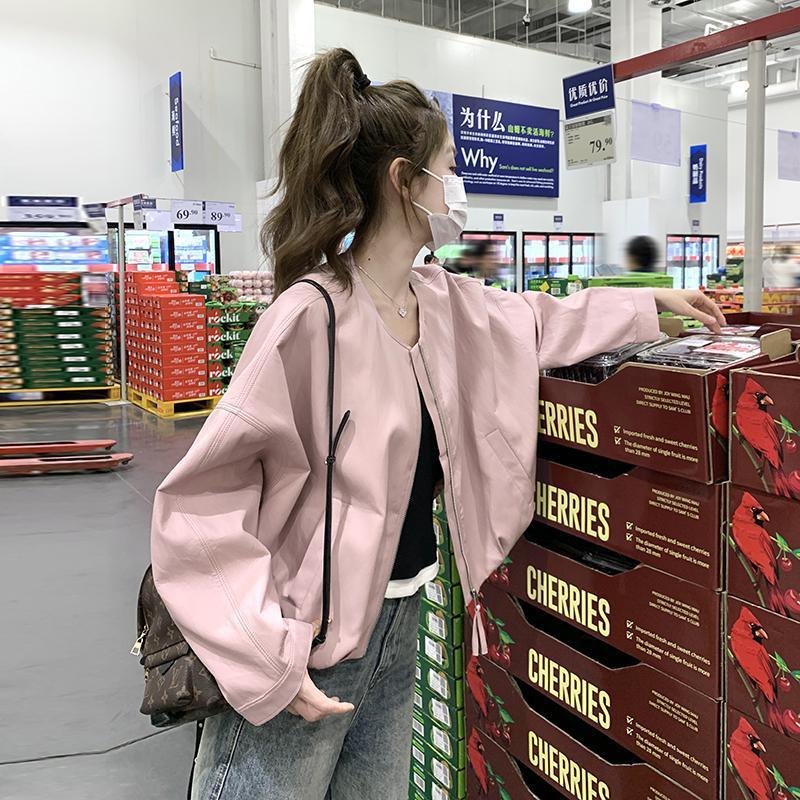 Pink Leather Short Jacket for Women, Spring New Fashion Korean Style Petite Versatile Short Top