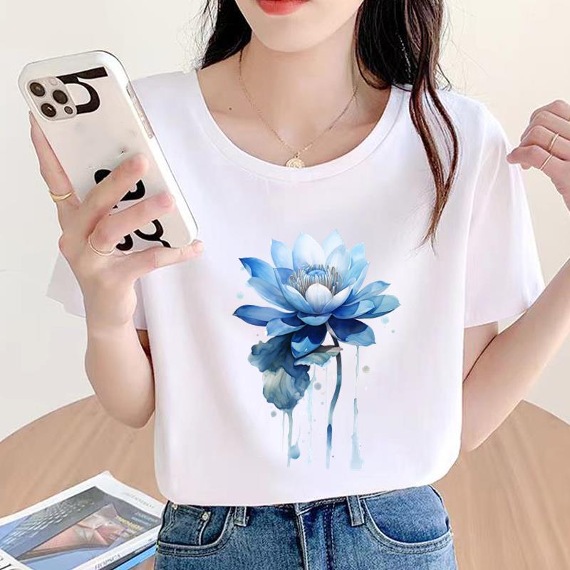 Cute Flower Base Shirt Ins Sweet Round Neck Outerwear Women's Printed Fashion Internet Celebrity Hot Commuter Short-sleeved T-shirt