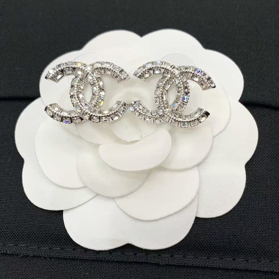 Chanel CC Stud Earrings Metal Strass Silver