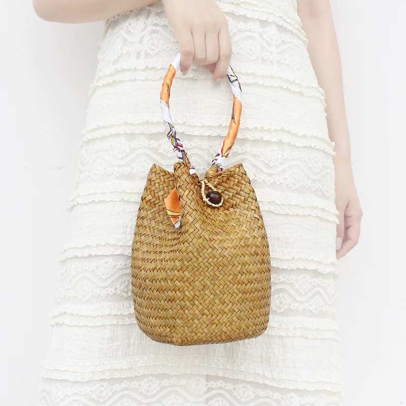 Woven bucket, straw beach bag one shoulder, handmade, Thailand, french style