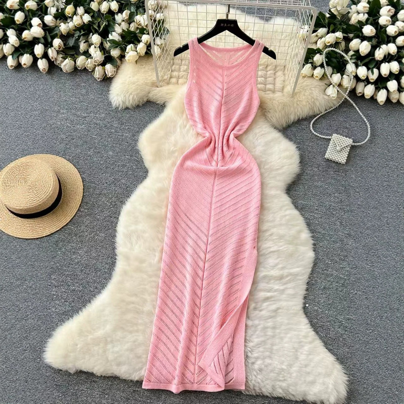 Halter Neck Sleeveless Cut-Out Cable Knit Dress with Side Slit, Long Hem, Slim Fit Knit Tank Dress Halter Neck Sleeveless Cut-Out Cable Knit Dress with Side Slit, Long Hem, Slim Fit Knit Tank Dress