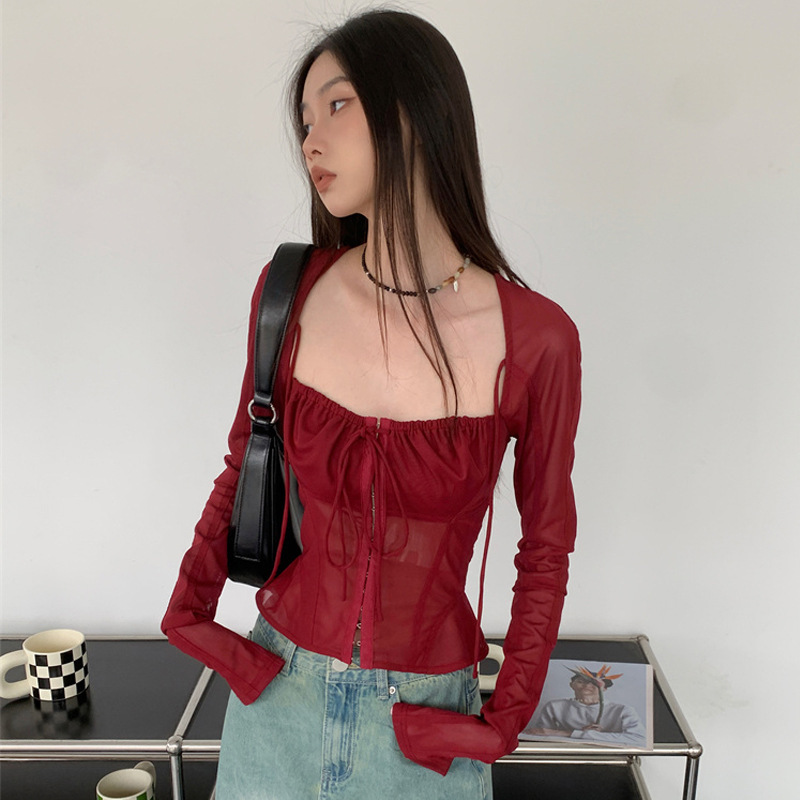 Burgundy Mesh Square Collar Shirt Women's Spring Design Niche Lace Long-sleeved Corset Slim-fit Slim-fit Top