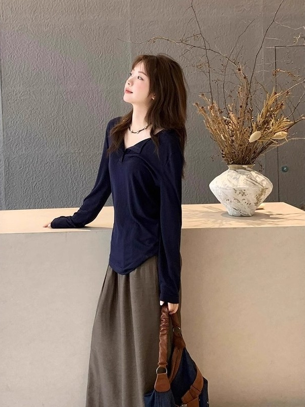 藏蓝色半开领薄纱长袖防晒t恤罩衫女夏季松弛感宽松空调上衣|undefined