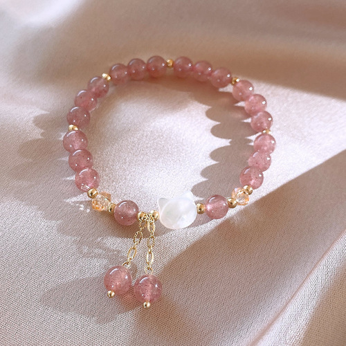 Natural Crystal Bracelet for Women, Design-Savvy Strawberry Quartz, Unique Accessory, Strawberry Quartz Morganite Bracelet with Shell Cat