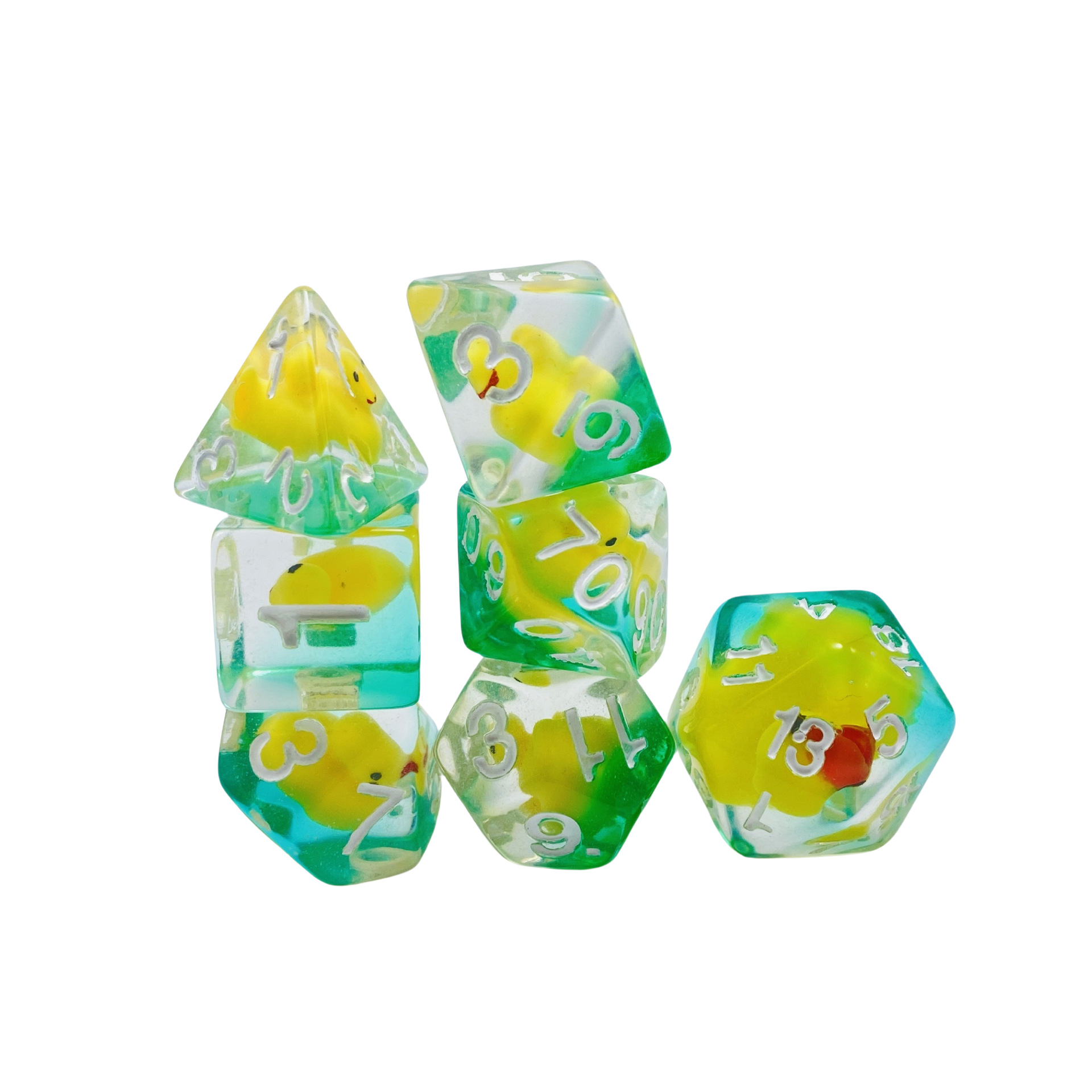 흰색 글자가 새겨진 수지 코팅 반투명 녹색 2색 오리