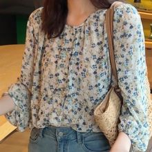 时尚小清新雪纺碎花长袖衬衫女2025春夏新款休闲宽松泡泡袖上衣潮