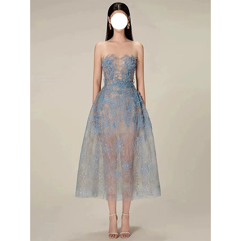 Unique Lace Dress for Women with a Sense of Design, Featuring Three-Dimensional Floral Sequins, Sheer Off-Shoulder Strapless Evening Gown
