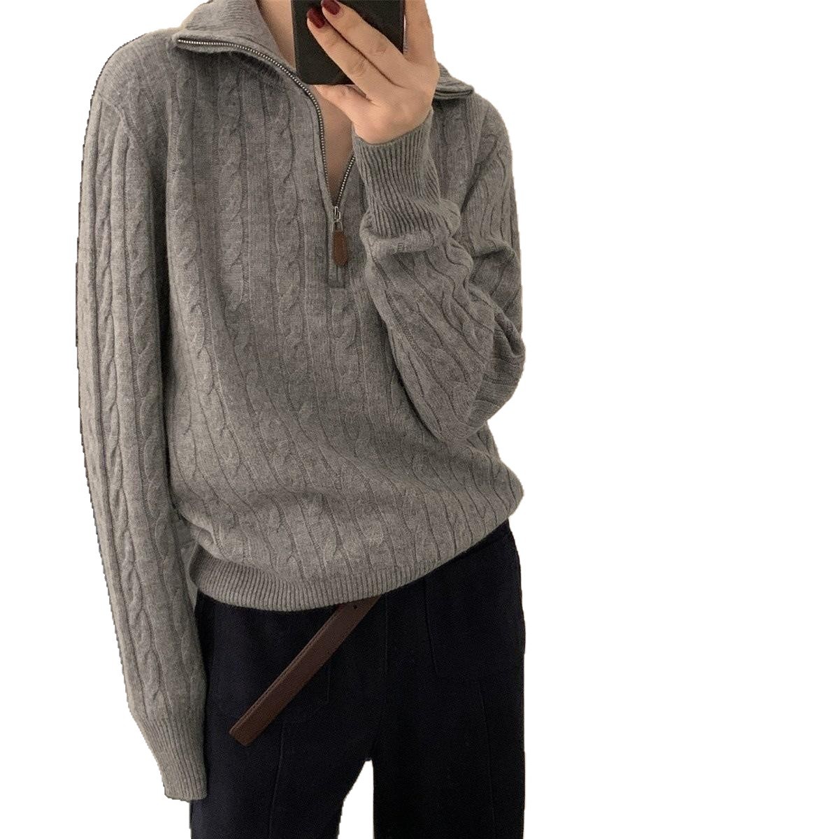 Suéter de Punto con Cuello Solapa y Cierre de Acrílico para Otoño e Invierno