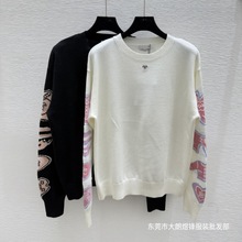 南油高版本CD家25早秋新款丹顶鹤字母刺绣圆领长袖针织衫羊绒毛衣