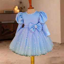 亚马逊新款女童一周岁礼服蓝色蓬蓬纱长袖公主裙子Princess Dress