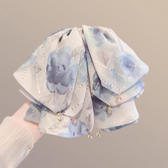 法式玫瑰花印花蝴蝶结飘带发夹女新款气质马尾夹后脑勺时尚鲨鱼夹