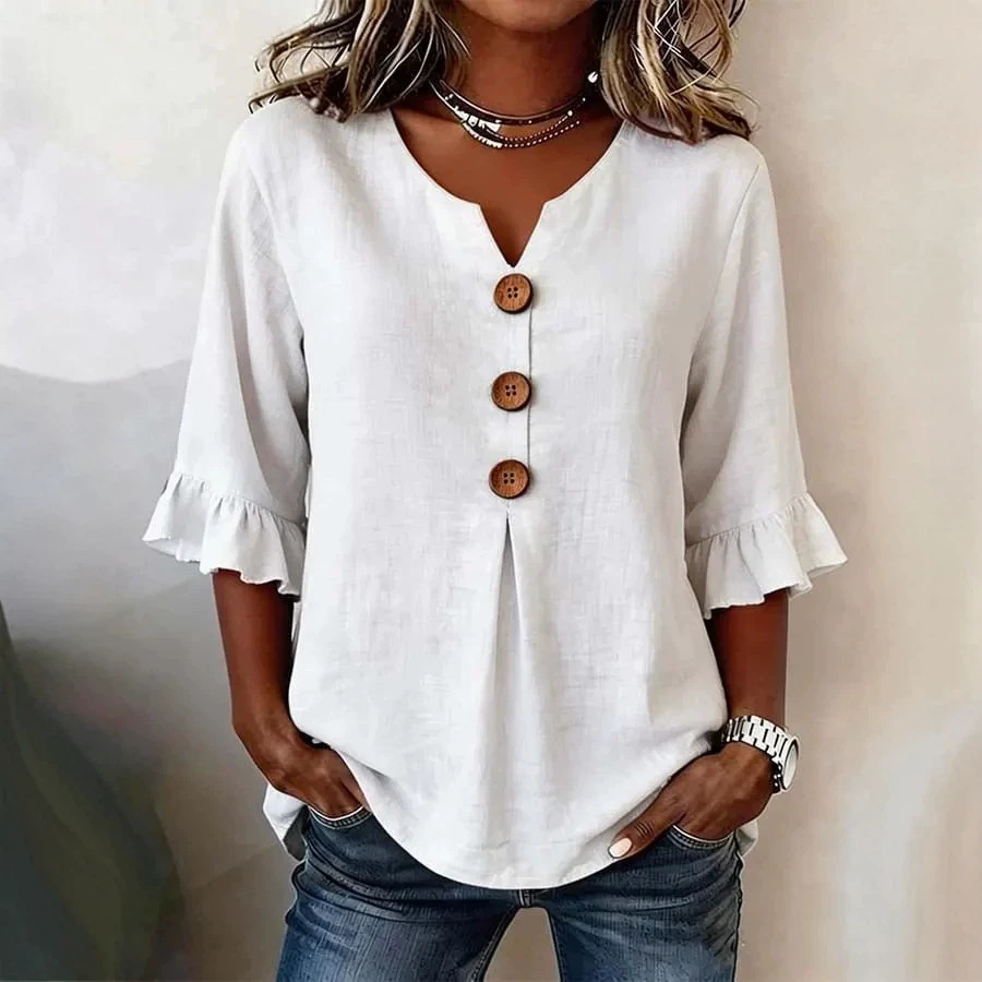 Cross-Border 2026 New European and American Women's Clothing Amazon Summer Women's V-Neck Cotton and Linen Shirt Fashionable Button-Up Top for Women