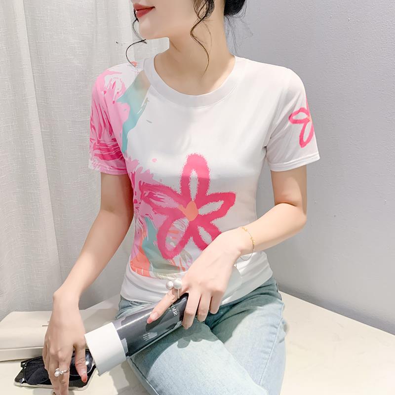 Round Neck High Elastic Mesh T-Shirt for Women 2024 Summer Pattern Printing Fashionable Elegant Short-Sleeved Fashionable Slim Bottoming Shirt
