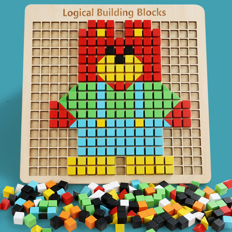 Wooden children's fun pixel block puzzle building blocks baby Early Education Intelligence brain-moving toys for boys and girls