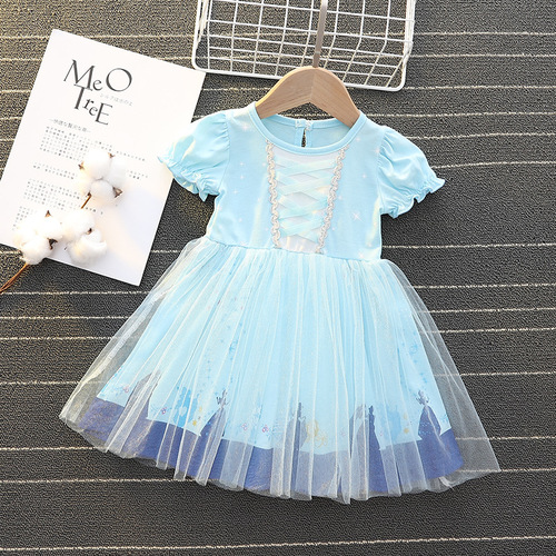  Xia Xin ins style Frozen Princess Dress Short Sleeve Mesh Dress Cute Girls Christmas Dress