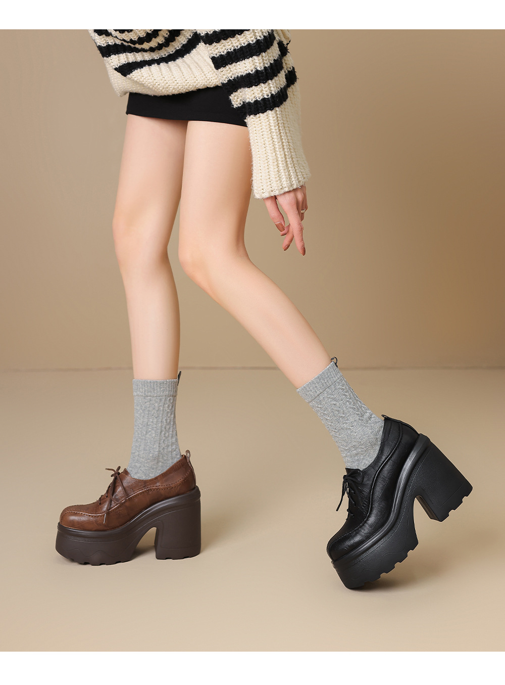 Giày loafer nữ đế xuồng cao gót 12 cm, mũi sâu buộc dây, da bò thật — màu nâu, màu đen chi tiết 11