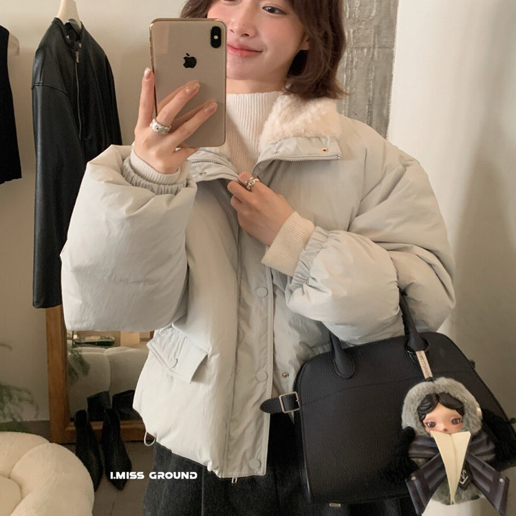 I  MISS韩标2025冬季奶呼呼加厚立领毛毛立领羽绒服外套女面包服