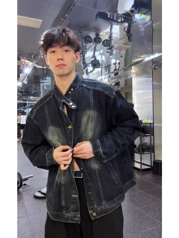美式水洗立领牛仔外套男款秋季高街痞帅做旧夹克潮牌宽松休闲上衣|undefined