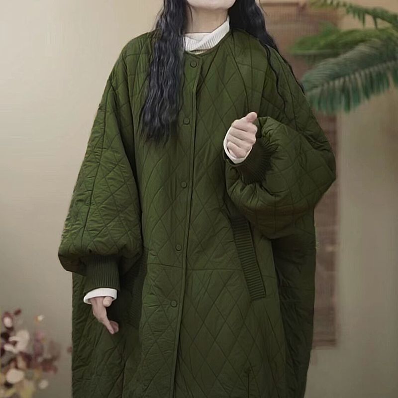 大码菱格羽绒棉衣棉服女外套长款轻薄棉袄冬季新款宽松保暖大衣女|undefined