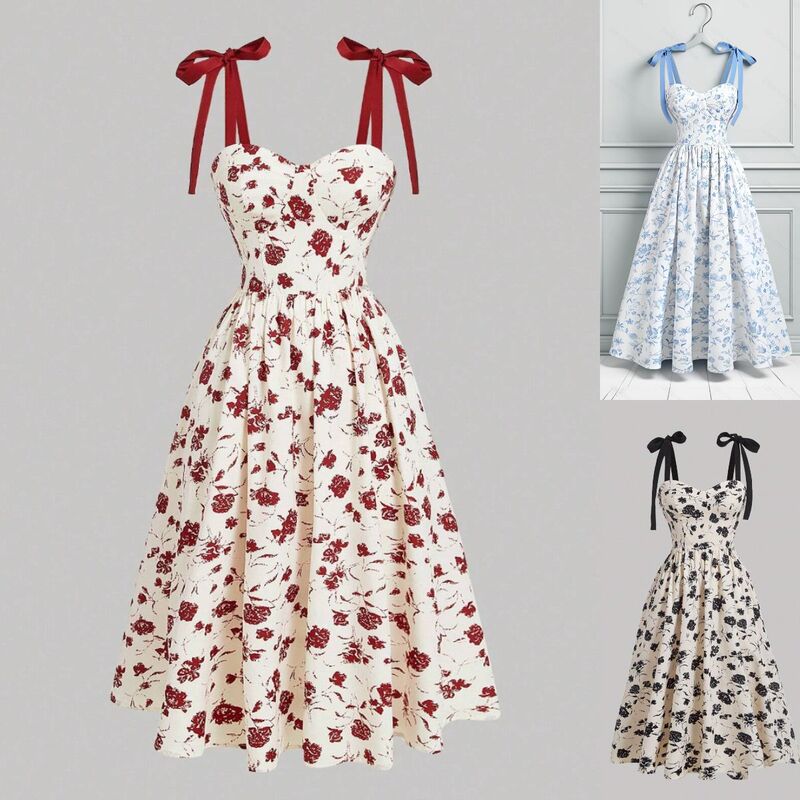 2025 Summer New Style Lace-up Shoulder Elegant dress Floral Print Tight Waist Holiday Elegant Casual Slip Dress