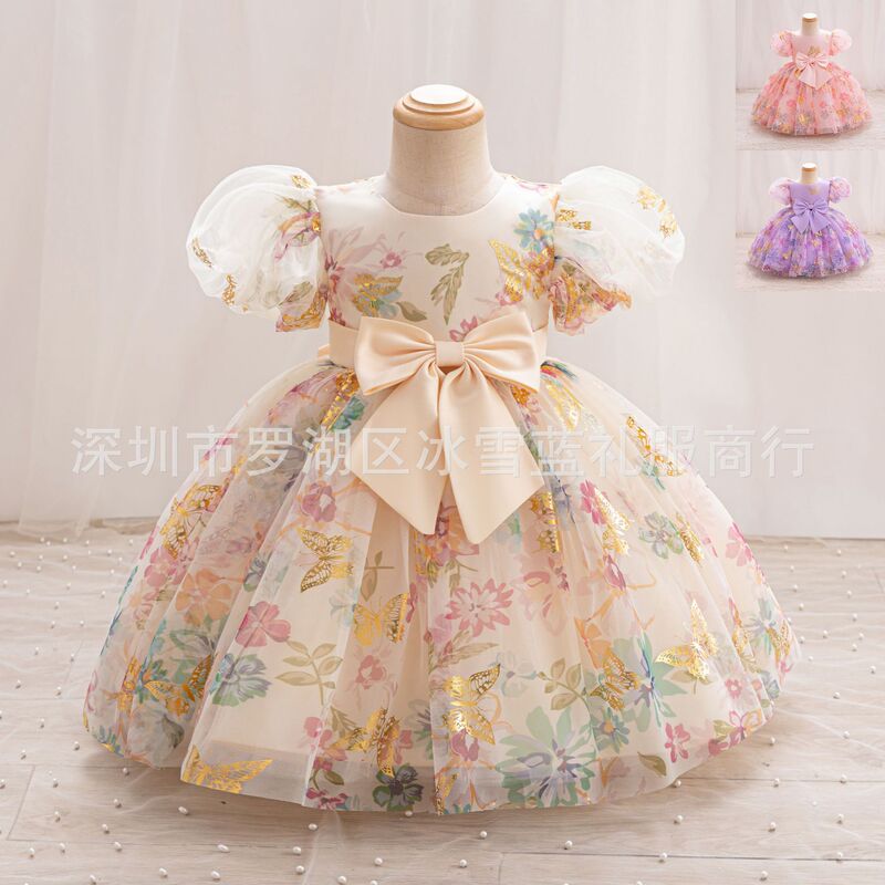 Girl's Summer Butterfly Print dress Cotton Breathable Short Sleeve Stynetic Princess Dress Performance Party Banquet Gown