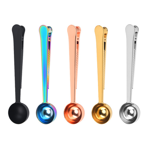 Stainless steel coffee spoon with clip multifunctional food sealing clip milk powder spoon measuring spoon food bag sealing clip