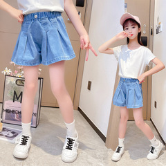 Girls' Denim Shorts Summer Plain Thin Skirt Pants for Big Kids Children Loose Hot Pants Girl Plain Pants