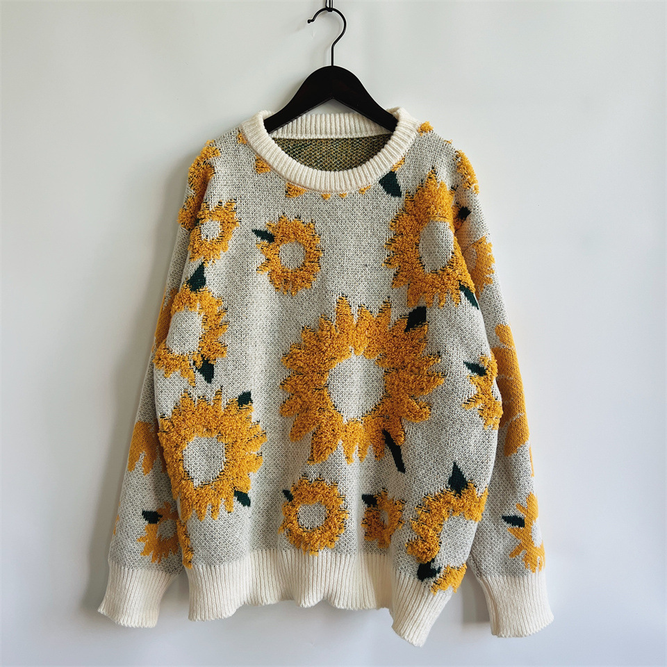 Women's Sunflower Jacquard Knitted Pullover Sweater For Winter_voghion.com