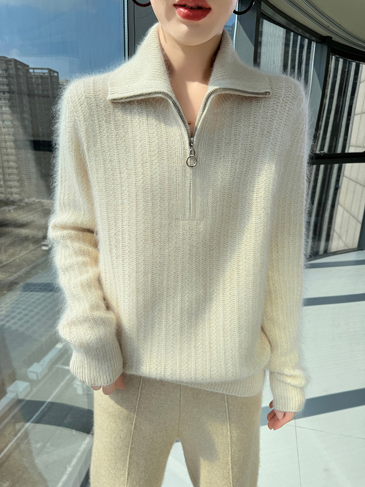 Fashionable elegant velvet demi-season sweater with zipper