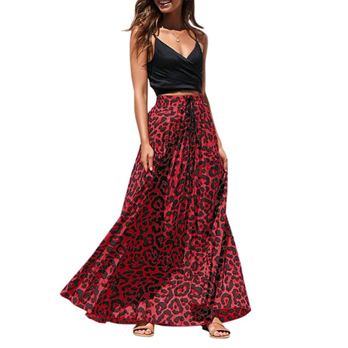 European and American large size women's clothing a-line skirt extra-large size skirt drawstring print leopard print long dress for women