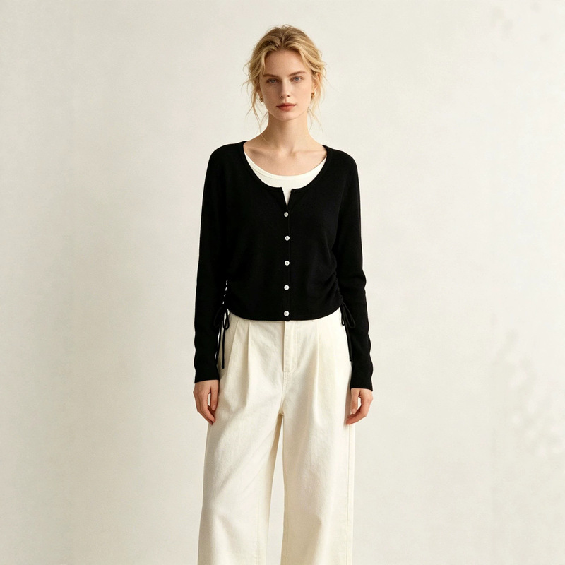 European and American Cross-Border Women's Clothing Autumn and Winter New Style Fake Two-Piece Contrast Striped Sweater Round Neck Long-Sleeved Knitted Cardigan Top