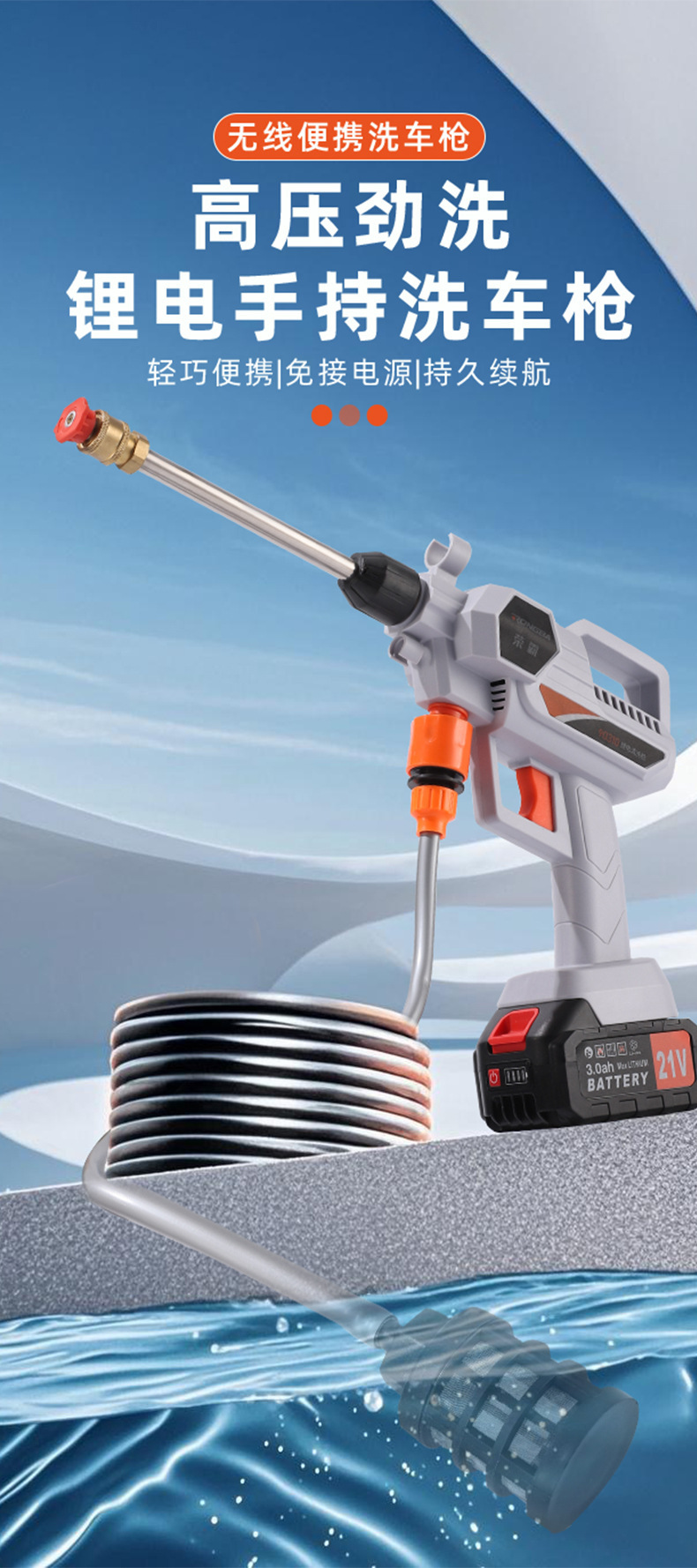 Rongba Lithium Battery Brushless High-Pressure Car Wash Water Gun Multifunctional Wireless Electric Water Gun Portable Garden Spray Cleaning Machine
