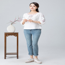 大码民族风女装中袖泡泡袖棉麻复古刺绣夏季女装绣花上衣体恤衫