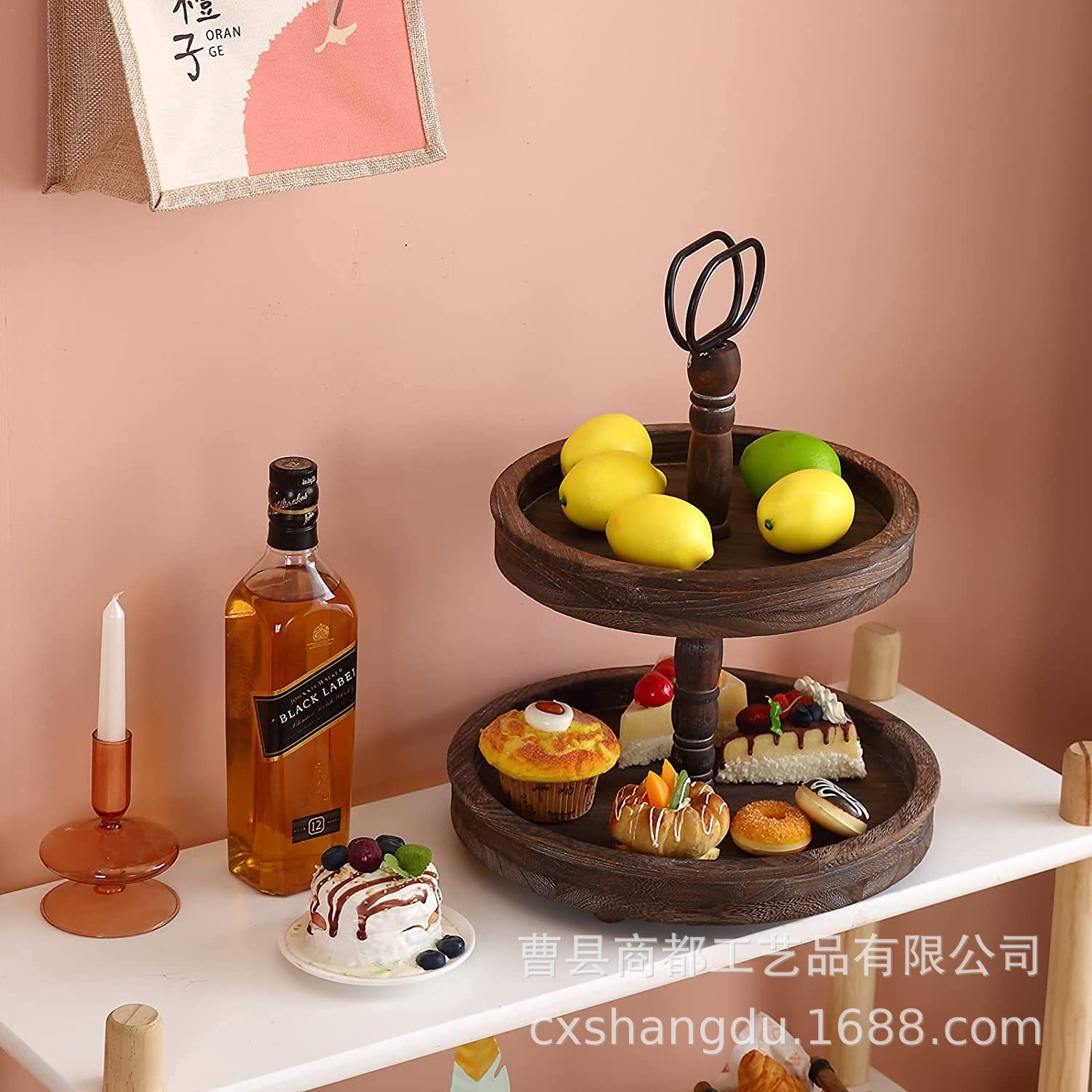 Wooden dual -layer tray retro style round wooden trailer double…