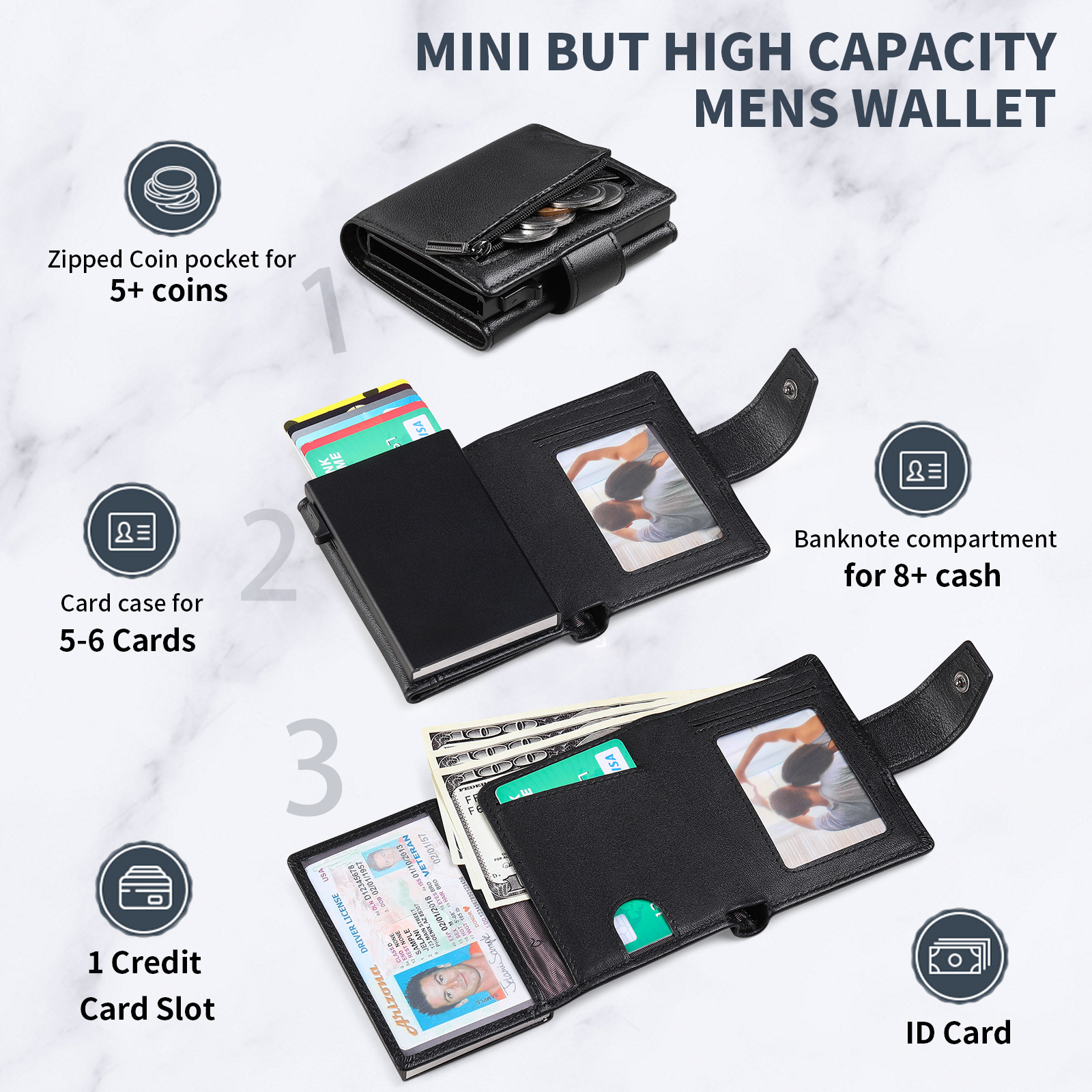 Cartera de cuero genuino para hombre con tarjetero automático de aluminio – Multifunción, primera capa