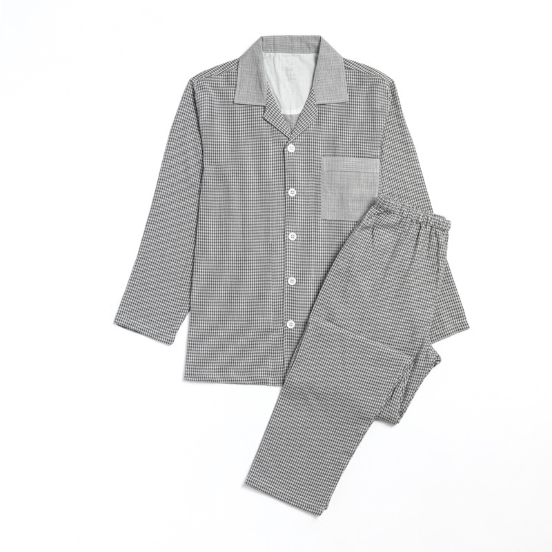 Cotton Double-Layer Yarn Home Clothes Women's Pajamas Non-Print Style Lovers Long-Sleeved Home Clothes Men's Simple Plaid
