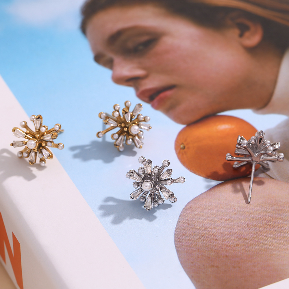 Pearl Zircon Fireworks Stainless Steel Earrings