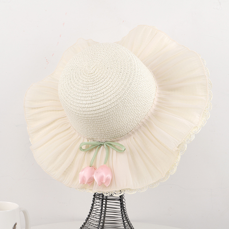 013 더블 레이어 레이스 플라워 버블 밀크 화이트 (챙 11cm)