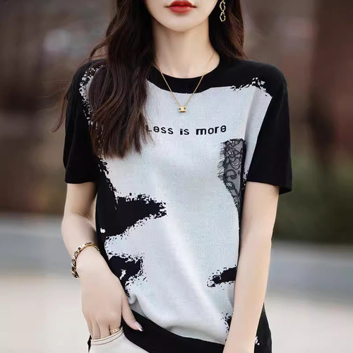 Silk-Spandex Selar Knit T-Shirt with Letter Art Embroidery Short-Sleeve Summer Chinese Loose-Fitting Slimming Top