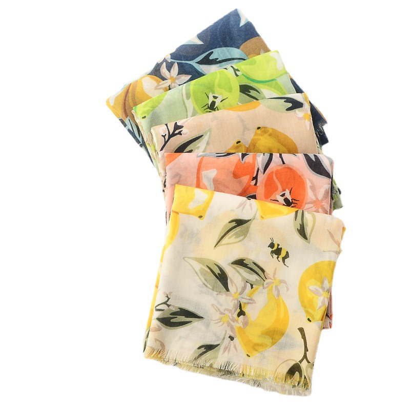 Estilo coreano dulce fruta impresa bufanda fresca lindo viaje decorativo chal algodón y lino sensación bufanda de seda Toalla de playa para las mujeres