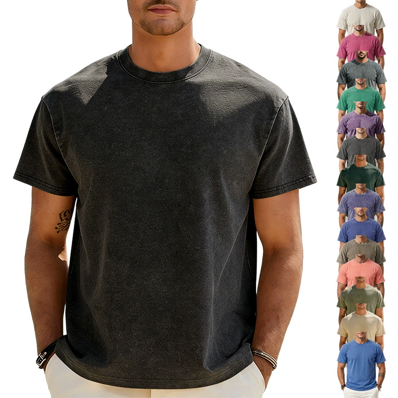 Мужская футболка Amazon Cross-border, 230 г, винтажная, с эффектом потертости, плотная, с круглым вырезом, со спущенным плечом, оверсайз, в американском ретро-стиле, с коротким рукавом.