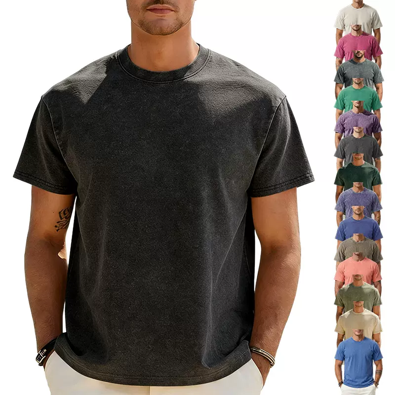 亚马逊跨境230g水洗做旧t恤重磅圆领落肩大码男美式复古短袖男t恤
