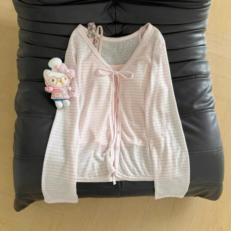Striped Cardigan V-Neck Long-Sleeve Blouse for Women, Spring and Summer Inner Wear, Embroidered Floral Camisole Two-Piece Commuter Set