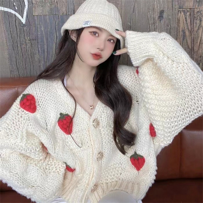 Gentle Pink Sweater Cardigan for Women 2026 Spring and Autumn Sweet Strawberry Knit Loose Jacket V-Neck Short Top