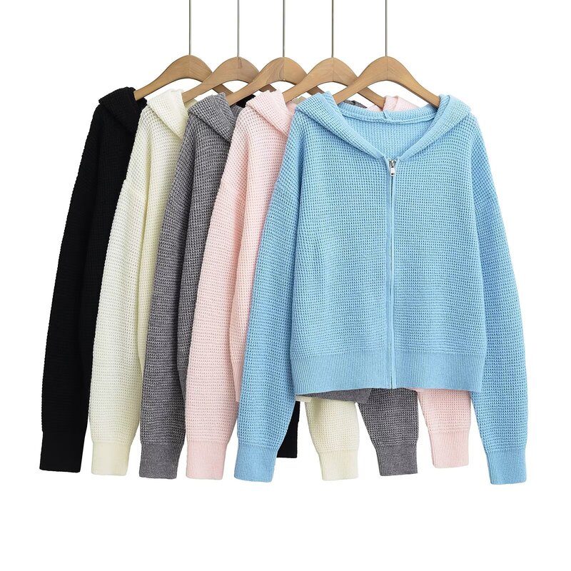 2510-25 Spring New European and American Style Waffle Zipper Hood Loose Casual Jacket Cardigan Women's Knitwear 2510-25 Spring New European and American Style Waffle Zipper Hood Loose Casual Jacket Cardigan Women's Knitwear