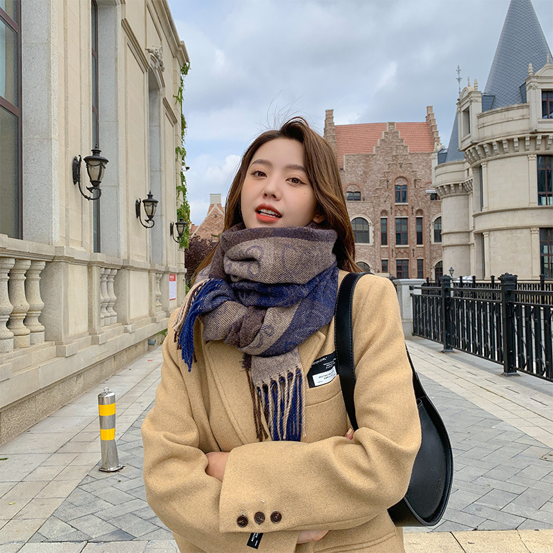 2025 New Color-Blocked Vintage-Style Faux Cashmere Scarf with Tassels, Warm European and American Style Scarf for Women, Light Luxury Shawl 3565