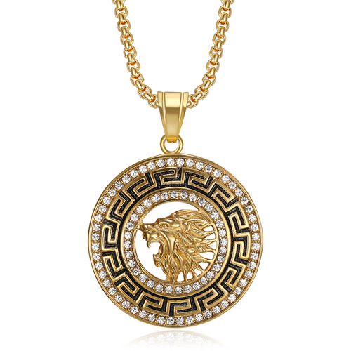 European and American cross-border new hip-hop lion jewelry stainless steel gold-plated full diamond lion lifting necklace