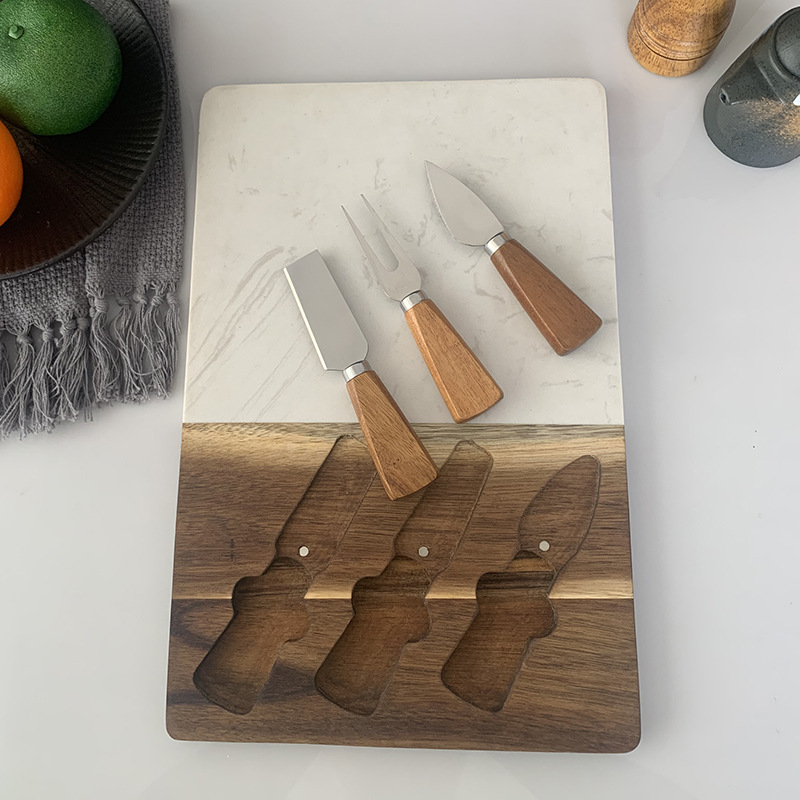 Tabla de queso de mármol con empalmes de madera de acacia, juego de cuchillos para queso con mango, juego de queso de cuatro piezas, cuchillo para pizza, tabla de cortar. image 4