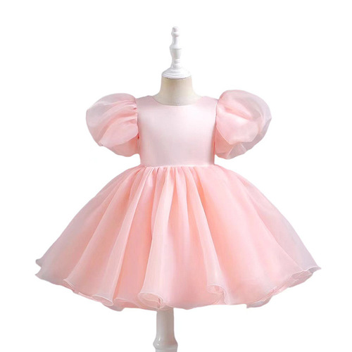 Girls' dress, evening dress, puff sleeves, short satin tutu skirt, back slit with bow, advanced